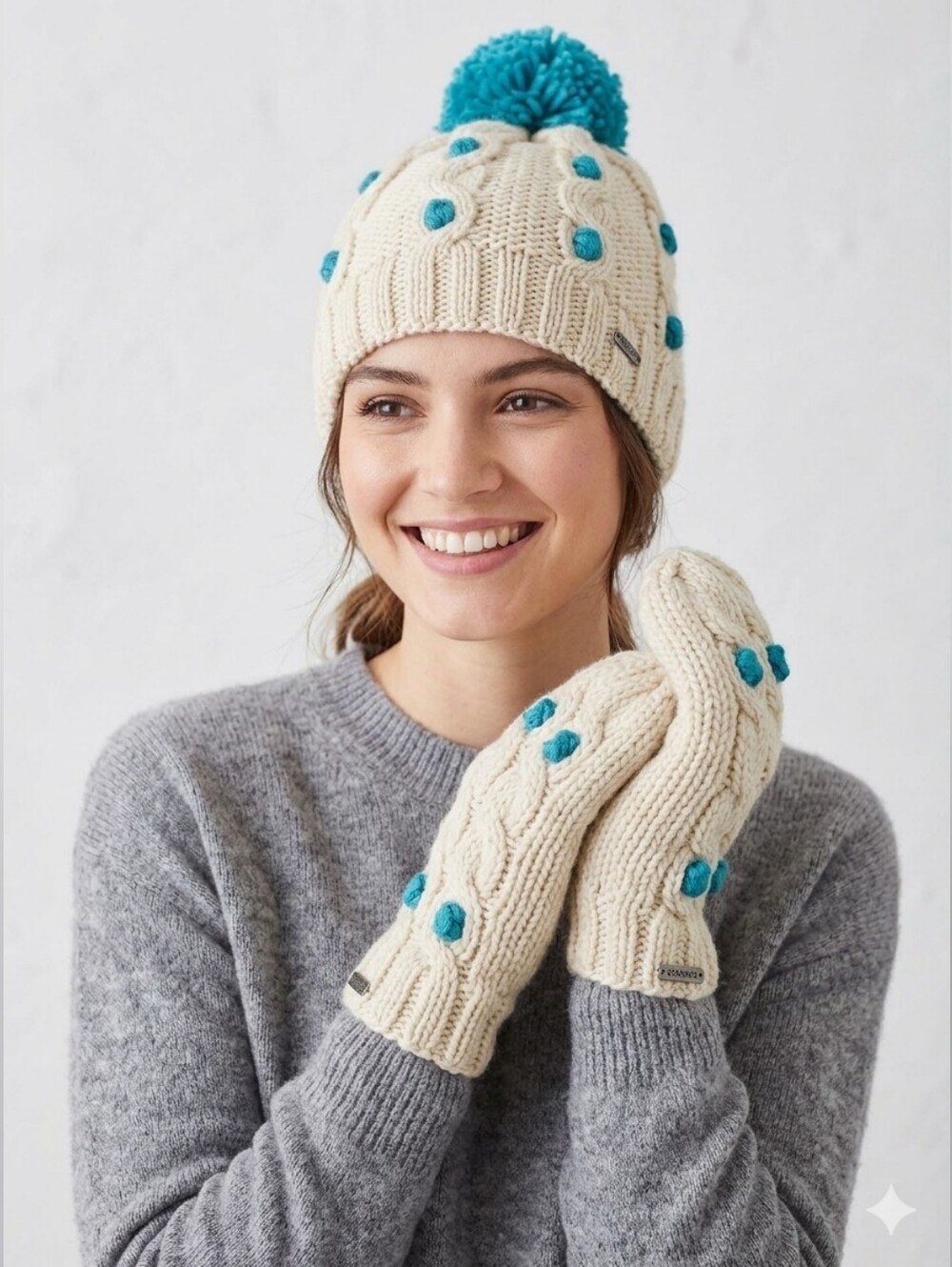 Handmade Cream Wool Winter Pomp Hat Toque + Matching Mittens| KNITWITS Originals
